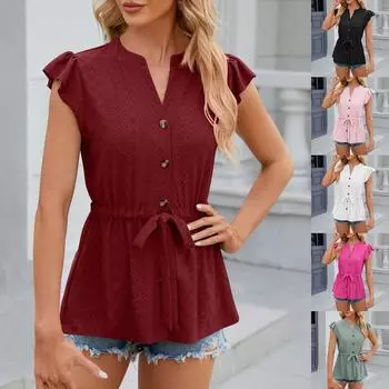 Женские модные летние однотонные топы с v-образным вырезом для отдыха и короткими рукавами L чёрный