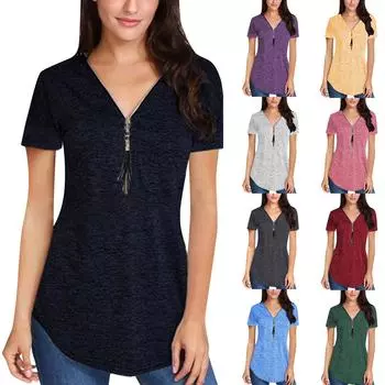 Женская модная летняя футболка с V-образным вырезом, кисточками и молнией, однотонная, с коротким рукавом L чёрный