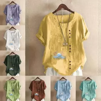 Women s Fashion Sunrise Prined Round Neck Short Sleeve T-shirt Casual Cotton Linen Graphic Shirt Leisure Loose Summer Blouse Tops S розовый