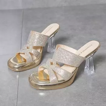 Women s Fashion Super High Heels Slippers Summer New Square Head Sequin Hollowed Breathable Waterproof Platform Sandals 34 золотой