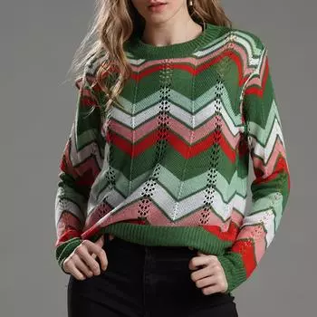 Women s Fashion Sweater With Loose Stripes And A Knit Round Neck XL