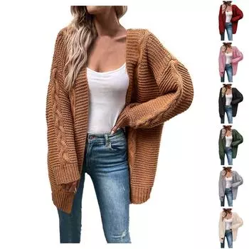 Женский модный темпераментный повседневный вязаный кардиган с узором из конопли, свитер, пальто L зелёный