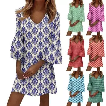 Women s Fashion Temperament Elegant Fresh Printed V-Neck 3/4 Sleeves Dress M