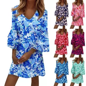 Women s Fashion Temperament Elegant Fresh Printed V-Neck 3/4 Sleeves Dress XL
