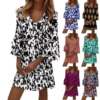 Women s Fashion Temperament Elegant Fresh Printed V-Neck 3/4 Sleeves Dress M