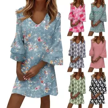 Women s Fashion Temperament Elegant Fresh Printed V-Neck 3/4 Sleeves Dress XL тёмно-синий