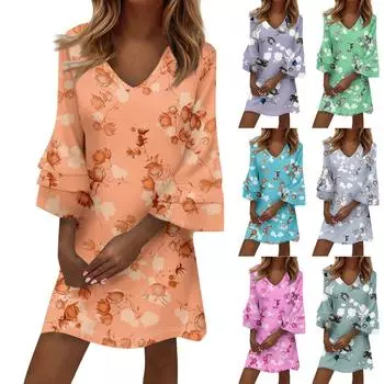 Women s Fashion Temperament Elegant Fresh Printed V-Neck 3/4 Sleeves Dress L