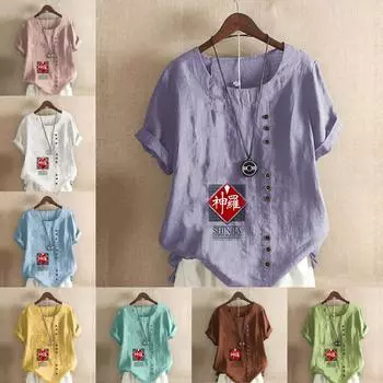 Женская модная футболка с круглым вырезом и коротким рукавом, с принтом, повседневная хлопковая льняная рубашка с рисунком, свободная летняя блузка для отдыха, топы S розовый