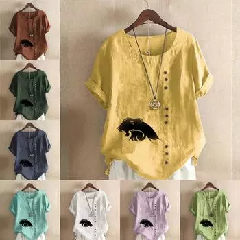 Women s Fashion The Black Lion Print Short Sleeve T-shirt Loose Cotton Shirt Casual Loose Summer Blouse Tops Plus Size S розовый