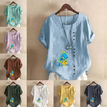 Women s Fashion The Blue Man Prined Short Sleeve T-shirt Loose Cotton Shirt Casual Loose Summer Blouse Tops S розовый