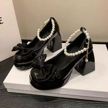 Women s Fashion Thick Heel Shoes Autumn New Round Head Shallow Mouth Butterfly Knot Platform Beaded High Heels 35 бежевый