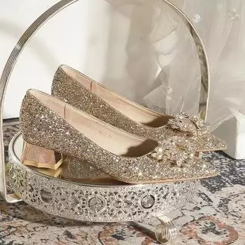 Women s Fashion Thick Heel Shoes Fall New Pointy Head Shallow Mouth Sequin Cloth Diamond-like Buckle Temperament Low Top Shoes 34 золотой