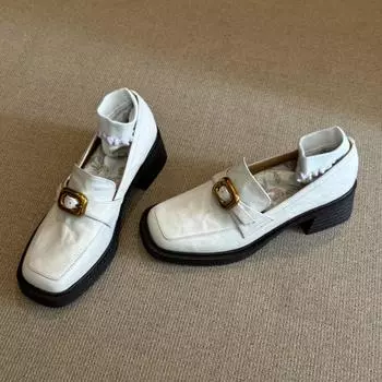 Women s Fashion Thick Heel Shoes Fall New Square Head Mid-mouth Metal Buckle Soft Sole Non-slip Low-top Shoes 35 бежевый