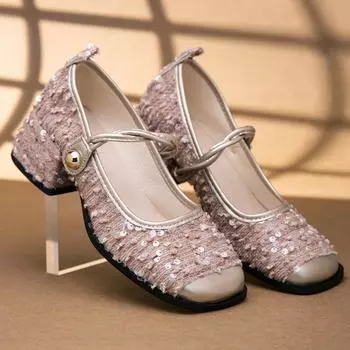 Women s Fashion Thick Heel Shoes Fall New Square Head Shallow Mouth Sequin Cloth Soft Sole Non-slip Mid-heel Low Top Shoes 35 грязно-белый