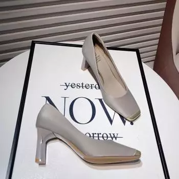 Женская Мода Туфли на Толстом Каблуке Весна Новые Квадратный Носок Слипоны Водонепроницаемые Противоскользящие Износостойкие Высокие Каблуки 35