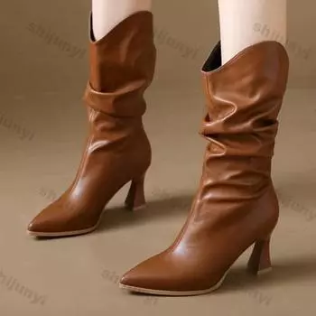 Women s Fashion Thick Heels Pleated Pile Boots Women Chunky Heel Pointed Western Ankle Boots Fashion Pu Leather Sexy Ankle Boot 35 чёрный