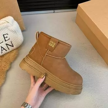 Women s Fashion Thick Snow Boots Winter New Round Head Cow Suede Anti-slip Wear-resistant Thick Warm Short Boots 35 бежевый