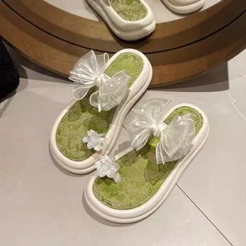 Women s fashion thick sole set toe slippers summer new round head bow soft bottom temperament sandals 35 бежевый