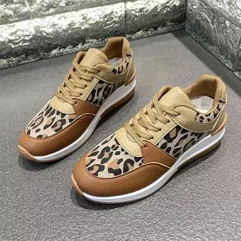Women s Fashion Thick Sole Single Shoes Autumn New Round Head Matching Color Lace-up Leopard Print Soft Sole Sneakers 36