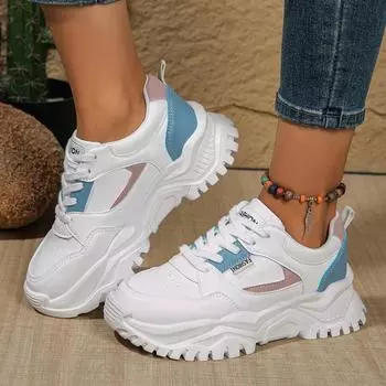 Women s Fashion Thick Soled Single Shoes Autumn New Round Head Deep Mouth Front Lace-up Color Matching Soft Sole Sneakers 36