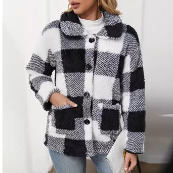Women s Fashion Thickened Double-sided Plush Plaid Single-breasted Button-up Jacket L чёрный