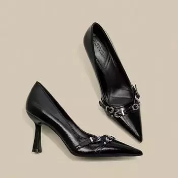 Women s fashion thin heel shoes autumn new pointed head shallow mouth metal buckle a slip-on high heels 35 чёрный