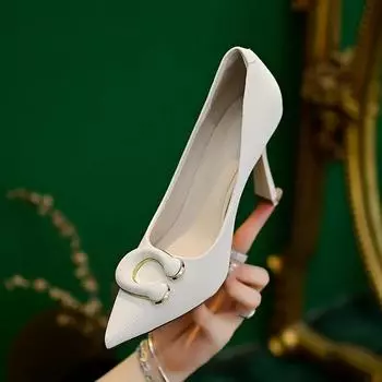 Women s Fashion Thin Heel Shoes Autumn New Pointed Head Shallow Mouth Metal Buckle A Slip-on Wear-resistant High Heels 35 бежевый