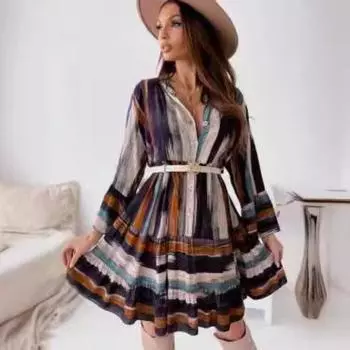 Women s Fashion Tie Dye V-neck Long Sleeve Dress S кофейный