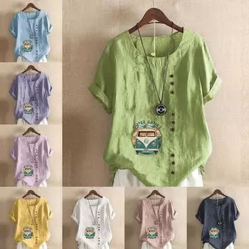 Женская модная туристическая автомобильная футболка с круглым вырезом и коротким рукавом, повседневная хлопковая льняная рубашка с рисунком, свободная летняя блузка, топы S розовый
