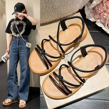 Women s Fashion Trend Anti-slip Wear-resistant Comfortable Soft Soled Cloth Strap Flat Sandals New Summer Roman Sandals Sandalia 35 бежевый