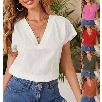 Женская мода V-образный вырез хлопка льна короткий рукав блузки однотонный свободный топ рубашка XS белый