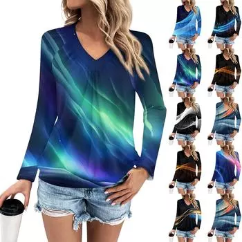 Women s Fashion V-Neck Pleated Print Casual Long Sleeve XXL
