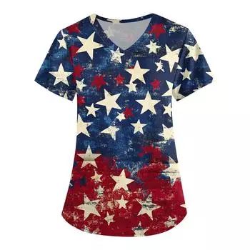 Women s Fashion V-neck Short-sleeved Work Dress With Pockets Independence Day Printed Top Carer Suit L синий