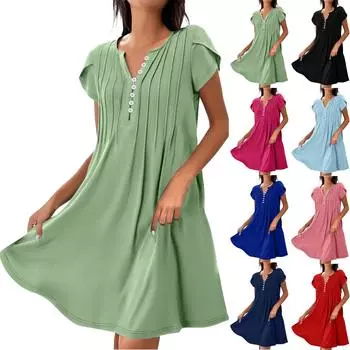 Women s Fashion V-Neck Solid Color Pullover Comfortable Casual Button Down Dresses XXL синий
