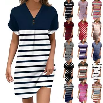 Women s Fashion V-neck Striped, Polka Dot Print Pull-head Casual Button Dress XL