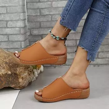 Women s Fashion Waterproof Platform Sandals Summer New Round Head Shallow Mouth Car Stitch Non-slip Wear-resistant Sandals 36 коричневый
