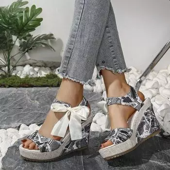 Women s fashion wedge sandals summer new round head open toe printed butterfly knot lace temperament high heels 35 синий