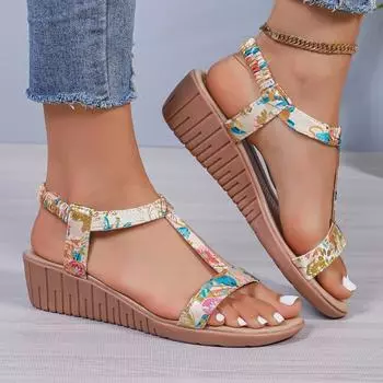 Women s Fashion Wedge Sandals Summer New Round Head Shallow Hollow-cut Breathable Fine Belt Printed Thick Heel Shoes 35 грязно-белый