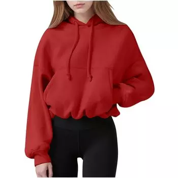 Women s Fashion Winter Long Sleeve Hooded Short Solid Color Loose Hooded Jacket L красный