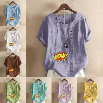 Women s Fashion Wow Prined Round Neck Short Sleeve T-shirt Casual Cotton Linen Graphic Shirt Leisure Loose Summer Blouse Tops S розовый