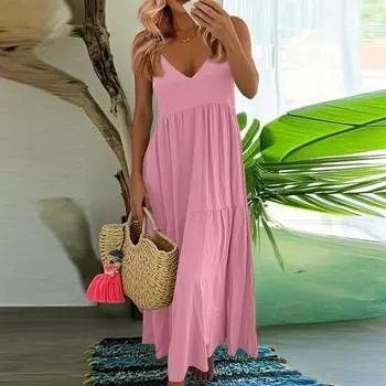 Women s Fashionable And Casual Solid-color Cotton And Linen Dress L