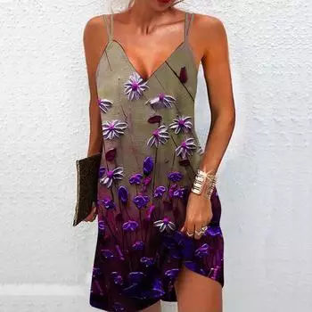 Женское модное и сексуальное платье без бретелек с принтом масляной живописи в 3D, свободное камуфляжное платье с V-образным вырезом XS фиолетовый