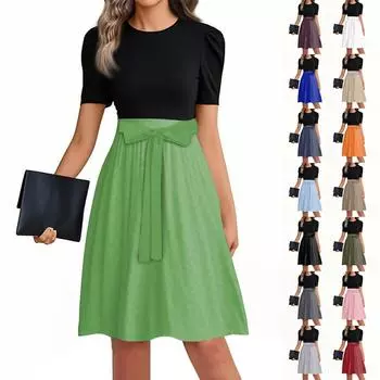 Women s Fashionable Casual Belt Short Sleeved Round Neck Solid Color Patchwork Dress M