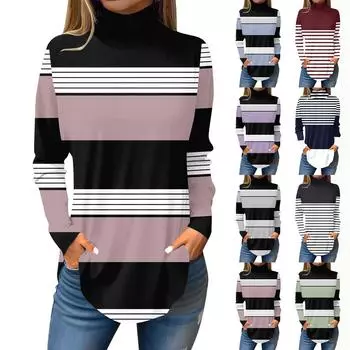 Женская модная повседневная футболка с высоким воротом и полосатым принтом, длинный рукав, пуловер L чёрный