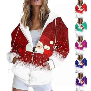 Женские модные повседневные толстовки с длинным рукавом и принтом Санты, свитшоты на молнии, пальто с карманом XXXL