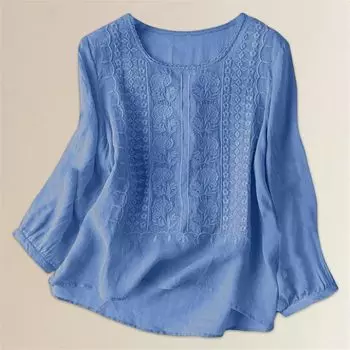 Women s Fashionable Casual Long-Sleeved Cotton-Linen Embroidered Round Neck Top L