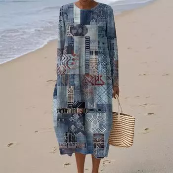 Women s Fashionable Casual Long-Sleeved Round Neck Retro Geometric Print Elegant Dress L