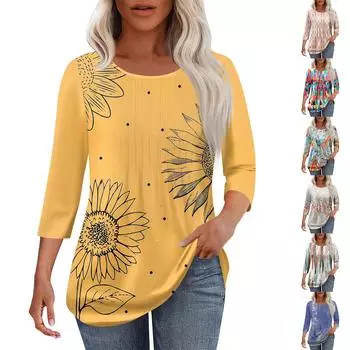 Women s Fashionable Casual Pleated Round Neck Leisure PrintingSeven Quarter Sleeve T-shirt Top M