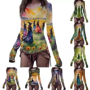 Женский модный повседневный облегающий топ с принтом «Ведьма на Хэллоуин» с длинными рукавами S бирюзовый