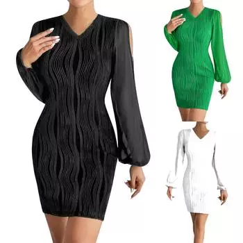 Женское модное повседневное однотонное свободное платье миди с длинным рукавом и v-образным вырезом L чёрный